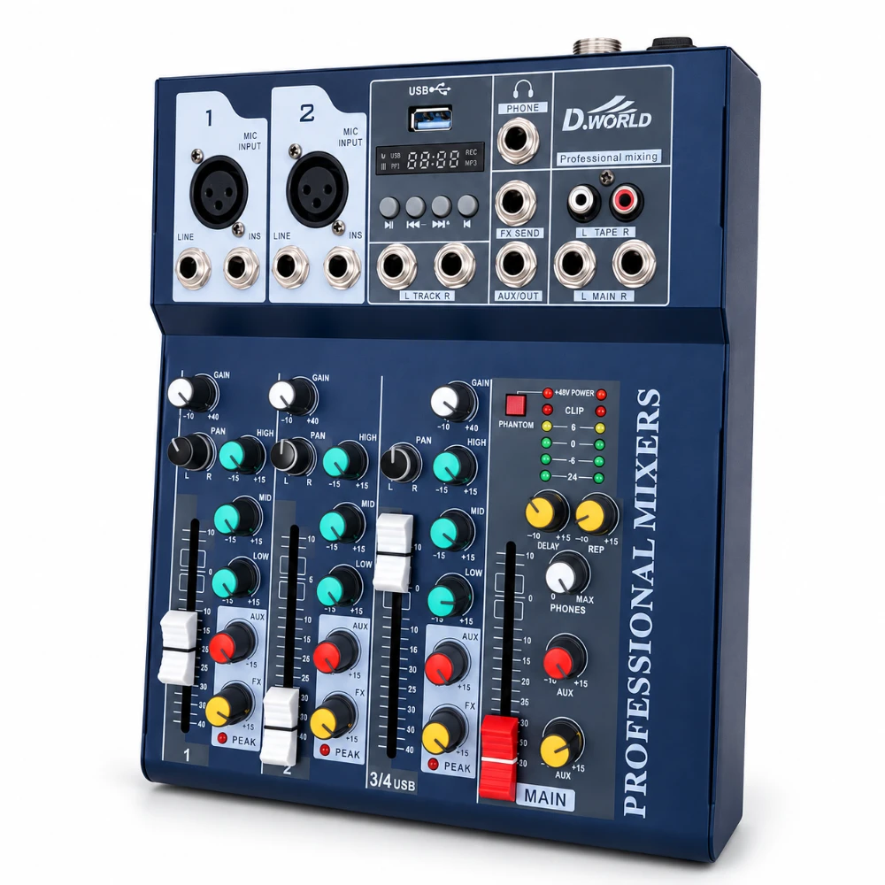 Consola Mezcladora de Audio 4 Canales D.World con Bluetooth, USB y Phantom 48V